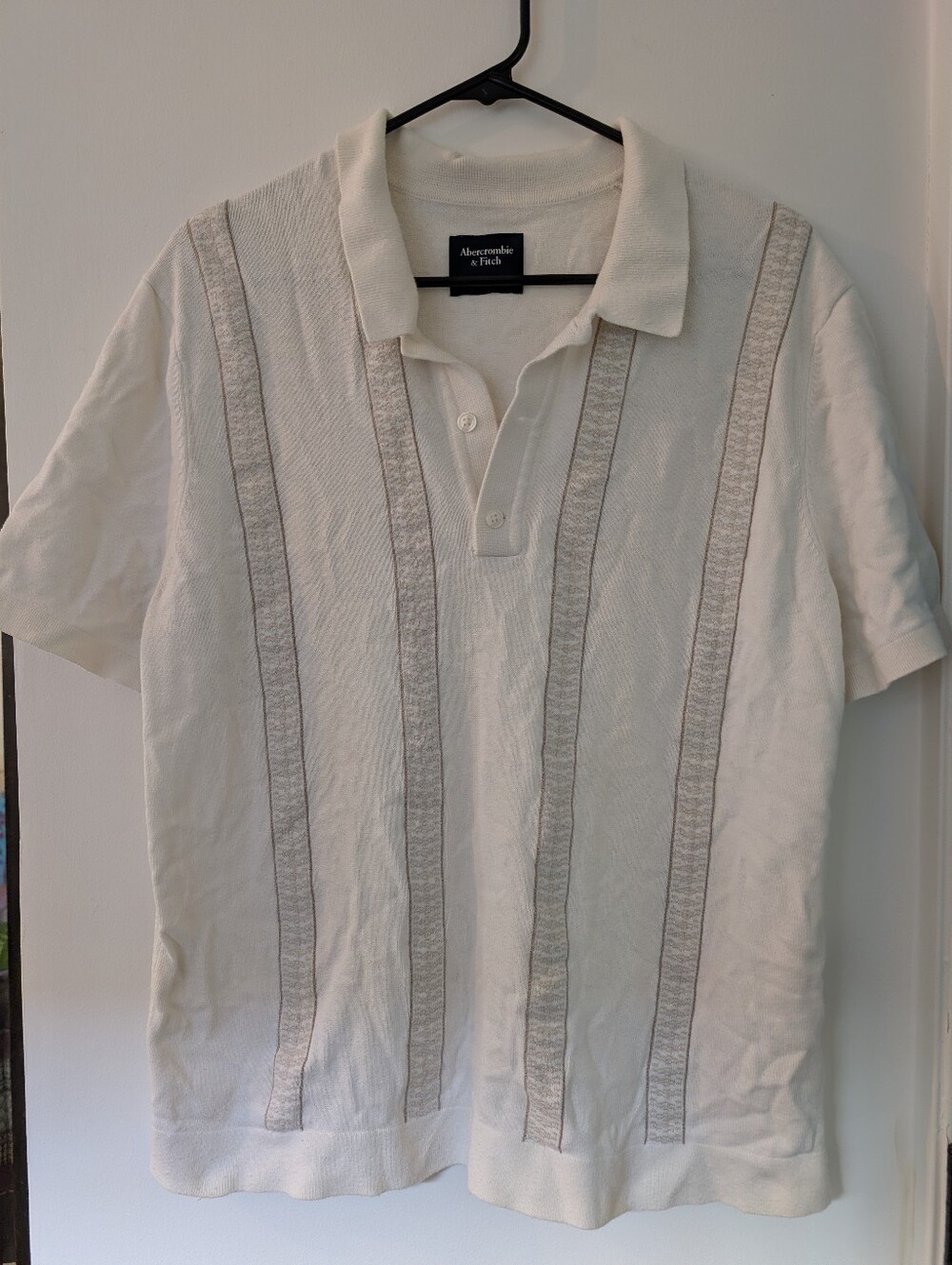 Abercrombie & Fitch Men's Cream Polo with Textured Vertical Stripes